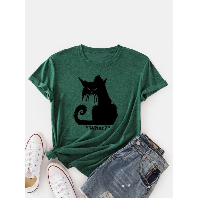 Women Cartoon Cat Print Round Neck Casual Short Sleeve T  Shirts