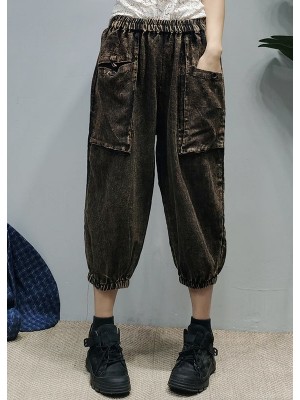 Loose Black elastic waist Pockets Linen Pants Spring