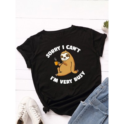 Women Cute Sloth Cartoon Slogan Print O  Neck Casual Short Sleeve T  Shirt