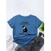 Letters Cartoon Cat Print Round Neck T  shirt For Women