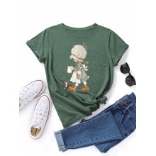 Women Cartoon Little Girl Graphic Print Multicolor Short Sleeve Casual T  Shirt